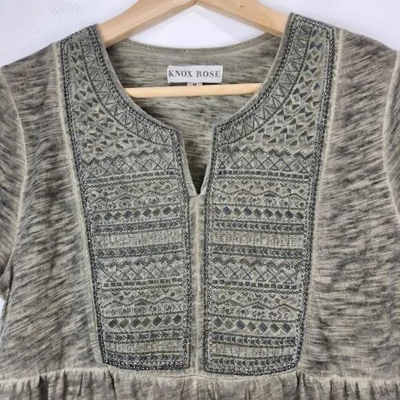 Knox Rose Embroidered Babydoll Top Women M Beaded‎ Garment Dyed Green - Picture 2 of 11